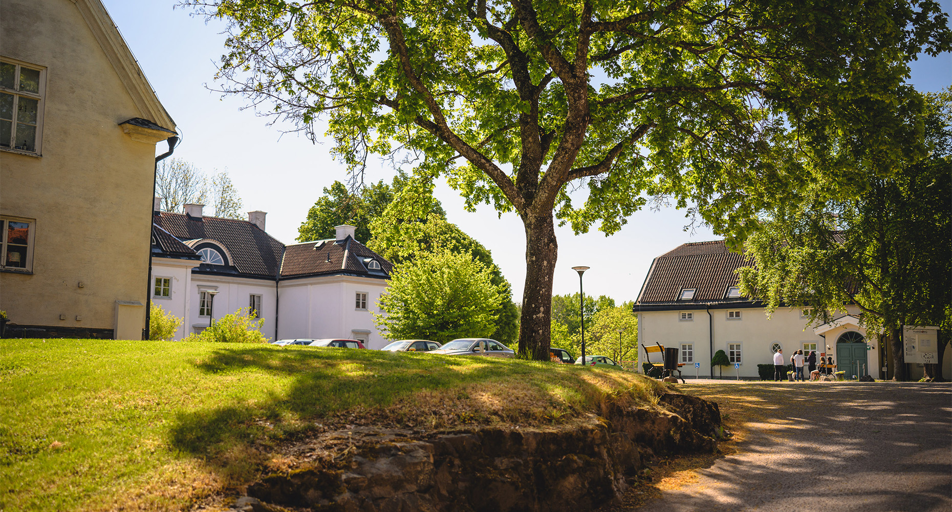 Miljöbild på gården utanför skolbyggnaden Herrgården som är omgiven av grönytor och träd